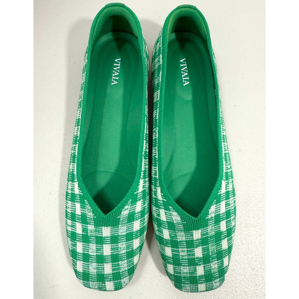 VIVAIA Square Toe V-Cut Knit Ballet Flats Green Gingham Women’s EU 39.5 US 8.5 - Picture 6 of 12